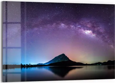 Produktbild von DEQORI Glasbild Echtglas 90x60 cm 'Bergkulisse unter Sternen' Wandbild Bild modern Deko
