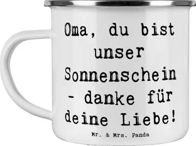 Produktbild von Mr. & Mrs. Panda Teetasse Spruch Oma Sonnenschein - Weiß - Geschenk, Emaille Tasse, Bedanken, Teebecher, Aufmerksamkeit, Haferl, Danke, sagen, Pott, Liebe, Dankeschön