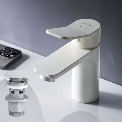 Produktbild von AM.PM Waschtischarmatur Weiss Wasserhahn mit Klick-Ablaufgarnitur Waschbecken Waschbeckenarmatur Spültisch Armatur