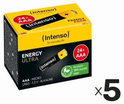 A box of Intenso AAA batteries with a single battery shown in front.