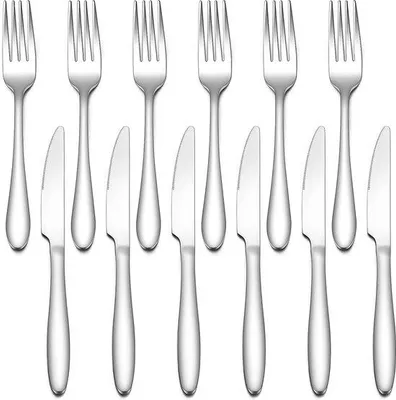 Produktbild von Unyqoos® Steakbesteck-Set 12-teilig – Edelstahl, für 6 Personen, 6 Messer 23 cm & 6 Gabeln 20 cm, ergonomische Griffe, spülmaschinenfest