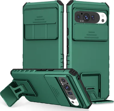 Produktbild von Dual Layer Hülle für Google Pixel 9 Pro XL Stossfest Robust Ständer Schutzhülle mit Schiebe Kamera Schutz Grün