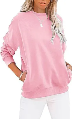 Image de ASKSA Pulls femme col rond manches longues Sweat-shirt décontracté Monochrome Automne Hiver Hauts Oversize, Rose, L