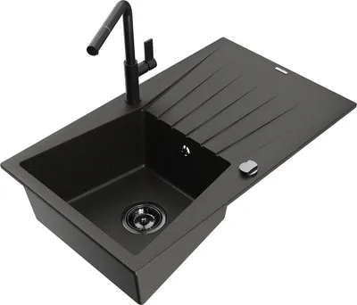 Produktbild von Mexen Cesar 1 Becken-Granitspüle mit Abtropffläche und Mischbatterie Flora, Schwarz/Gold metallisch - 6514-75-670401-70-B