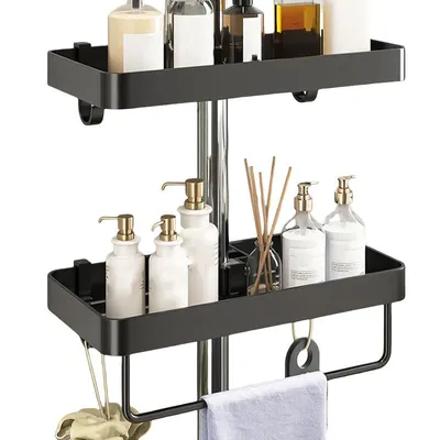 Produktbild von Zweistöckige Duschablage, ohne Bohren, höhenverstellbar, Duschablage aus Aluminium, rostfrei, stabil und langlebig, mit Stange, Schwarz