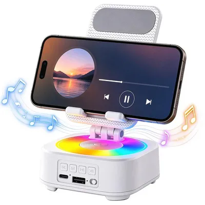 Produktbild von Bluetooth Lautsprecher mit Handyhalterung, RGB LED Tischlautsprecher mit USB-Wiedergabe, höhenverstellbarer Smartphone Ständer, 1800 mAh, Weiß