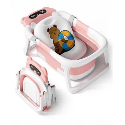 Produktbild von Baby Badewanne,Faltbare Babybadewanne mit mit Abnehmbare Badekissen,Temperaturanzeige,rutschfest, Abfluss,Rosa