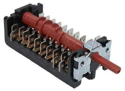 A rotary switch for an oven or stove, with multiple connection terminals and a red plastic control shaft.