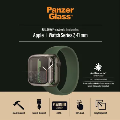 Zdjęcie produktu dla PanzerGlass ® Full body Case Apple Watch Series 9 | 8 | 7 | 41mm | Transparent, Apple, Apple - Watch Series 7 41mm, Apple - Watch Series 8 41mm, Aplikacja na sucho, Odporny na zadrapania, Odporny na wstrząsy, Przezroczysty, 1 szt.