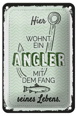 Produktbild von Blechschild Spruch 20x30 cm Hier wohnt ein Angler mit dem Fang seines Lebens