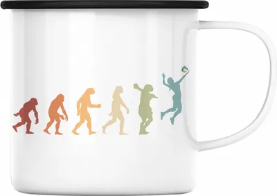 Produktbild von Trendation - Volleyball Geschenk Emaille Tasse Evolution Coach Herren Mädchen Kaffee Zubehör Volleyball-Spieler Spielerin (Schwarz)