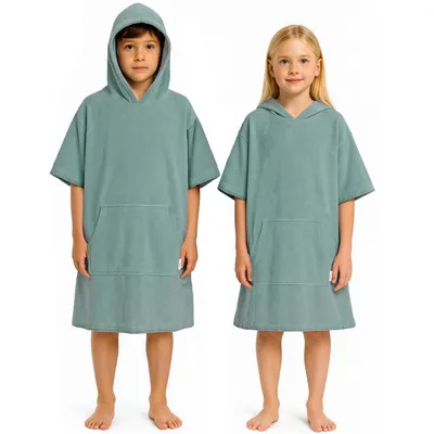 Produktbild von Leicht Frottee Badeponcho Kinder Mädchen Jungen Baumwolle Poncho Handtuch Bademantel Ponchos Surf Strandponcho Kapuzenhandtuch Jade 10-13 Jahre