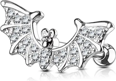 Produktbild von Tragus Ohr Piercing Stecker Helix Cartilage Barbell Fledermaus Bat Zirkonia Kristalle Autiga® silber