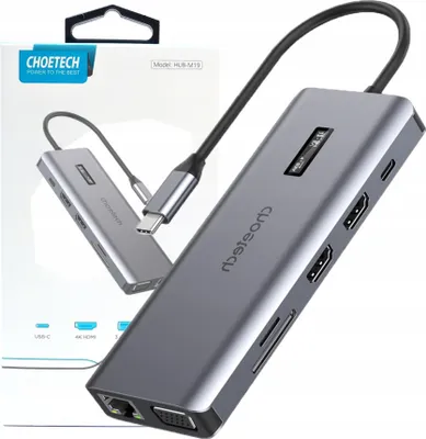Image de Choetech Hub multifonctionnel avec écran 12W1 Usb-C vers 1Xusb-C/4Xusb-A/2Xhdmi/1Xvga/1Xaux/Lecteur de carte mémoire Gris (Hub-M26)