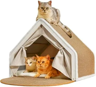 Produktbild von Katzenhaus Katzenhöhle Katzenzelt Kratzbrett Sisal, 2-in-1 Holz Katzenzelt Indoor & Kratzbrett & Katzenbett, Katzenspielzeug Katzen rückzugsort lärm (Beige, L)