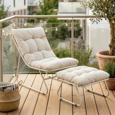 Produktbild von Gartenmöbel-Set 'Malmö' 2-tlg. Sessel mit Fußhocker Polsterkissen Metallgestell Beige
