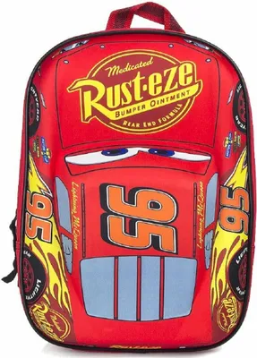A red backpack designed to look like the character Lightning McQueen from the movie Cars.