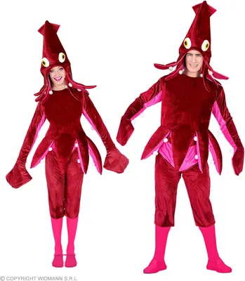 Two people wearing squid costumes, one male and one female, posing against a white background.
