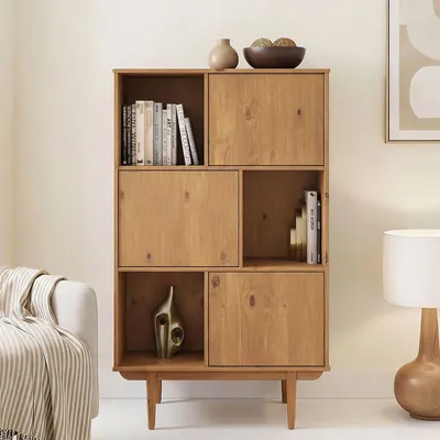 Produktbild von Highboard SIMONA mit 3 Türen, Eiche farben – Wohnzimmer Kommode mit Regal und Türen für geschlossenen Stauraum Vintage Highboard Wohnzimmerschrank Modern Retro Schrank Design