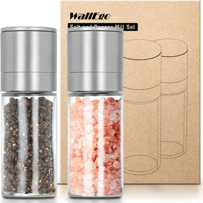 Produktbild von Mini Salz- und Pfeffermühlen Set 2er, Keramisches Mahlwerk, Verstellbar, Edelstahl und Glas, für Küche