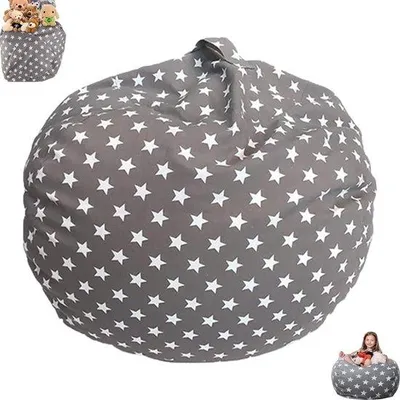 Productafbeelding van Ibenzoa® Opbergtas voor speelgoed & comfortabele kinderkussen – Katoen, Ø 61 cm / omtrek 200 cm, grijs met sterrenprint, geschikt voor 80+ knuffels, met rits, draaghandvat