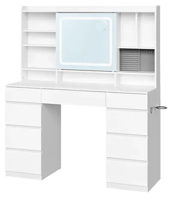 Imagen del producto de Tocador para niñas: mesa de maquillaje con espejo, iluminación LED ajustable, 9 cajones, estilo moderno, color blanco, dimensiones: 107 x 40 x 140 cm