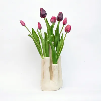 Produktbild von Künstliche Tulpen Rot Violett mit Keramikvase 6 Öffnungen Deko Set Kunstblumen