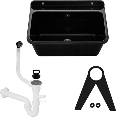 A black sink basin and white plumbing parts are displayed against a white background.