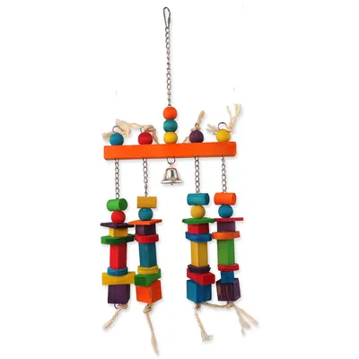 Immagine prodotto di Giocattolo UCCELLINO appeso trapezio colorato con legno e campana 55 cm