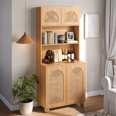 Productafbeelding van MODFU Keukenwandkast, 80x40x180 cm, keukenkast met deuren van touwstructuur, gangkast/opbergkast met poten van grenenhout, natuurlijke uitstraling