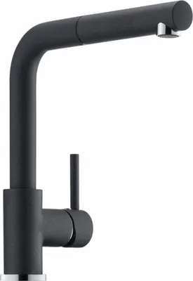 A black kitchen faucet with a pull-out spout is shown against a white background.