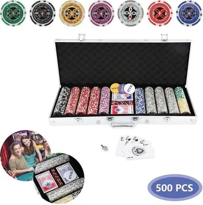 Produktbild von Poker-Profi-Spielset mit 500 Pokerchips, 2 Kartenspielen, Würfel, Silber-Aluminium-Koffer