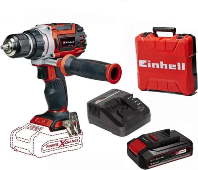 A cordless drill, charger, battery, and carrying case are displayed against a white background.