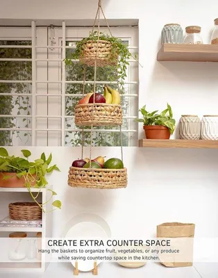 Immagine prodotto di Cesto sospeso a 3 ripiani, in rattan intrecciato, realizzato a mano, stile boho, decorazione per la cucina