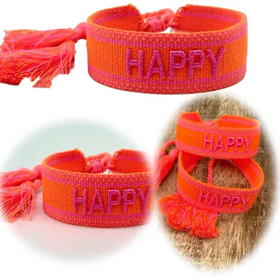 Produktbild von LS-LebenStil Canvas Statement Armband Happy Neon Orange Pink besticktes Stoffarmband gewebt textiles Quasten Spruch Boho Geschenk Freundschaftsarmband