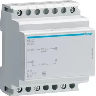 Produktbild von Hager Sicherheitstrafo 230V/24V, 20VA, 4PLE ST310