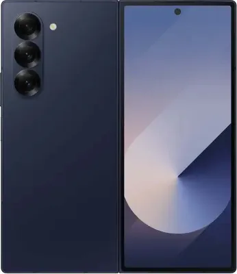 A dark blue Samsung Galaxy Z Fold6 smartphone is shown unfolded, with the screen displaying a wallpaper. The back of the phone, featuring a triple camera setup, is visible on the left side.