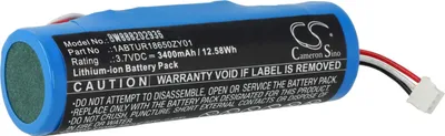 A close-up view of a blue lithium-ion battery pack with a black label containing product information and warnings.