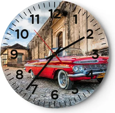 Produktbild von Wanduhr - Rund - Glasuhr - Auto Klassiker Kuba Chevrolet - 30x30cm - Schleichendes Uhrwerk - Lautlos - zum Aufhängen bereit - Dekoration Modern - Wanddekoration aus Glas - C4AR30x30-0506