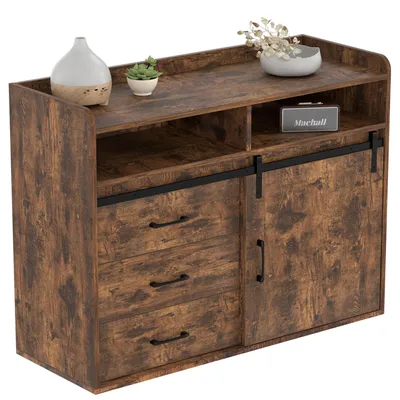 Image de HOMAVO HG1-S Sideboard 107 cm - Buffet de salon moderne avec 3 tiroirs, 1 porte coulissante & 2 compartiments ouverts, bois