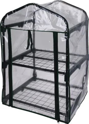 A three-tier greenhouse with a clear plastic cover.