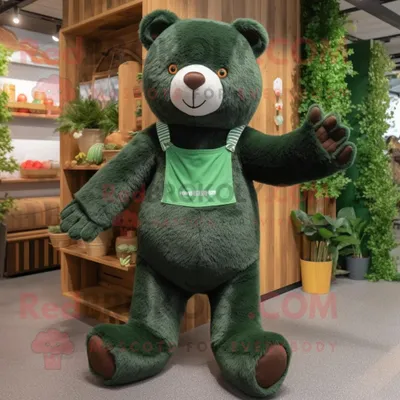 Produktbild von Maskottchen REDBROKOLY Kostümfigur Waldgrüner Bär bekleidet mit Latzhose und Schnürsenkeln