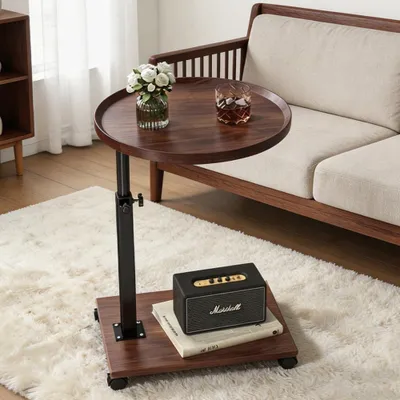 C-förmiger Beistelltisch, höhenverstellbar 45-80 cm, mit Rollen, braun