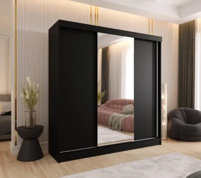 Produktbild von Schwebetürenschrank 3-türig 180x205x58 cm Schwarz mit 1 Spiegel und 2 schubladen – Moderner Kleiderschrank für Schlafzimmer und Flur