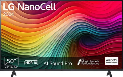 A television screen displaying a colorful abstract image with branding and feature text.