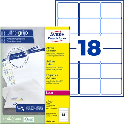 Produktbild von Avery Zweckform L7161-100, Adress-Etiketten, A4, Qualitätsdruck mit: ultragrip, 63,5 x 46,6 mm, 1.800 Etiketten / 100 Bögen, weiß