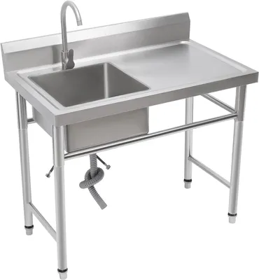 Produktbild von Edelstahl Küchenspüle mit 1 Becken, 100 x 60 x 93 cm, für gewerbliche Nutzung, inklusive Wasserhahn (linke Spüle und rechte Ablage)