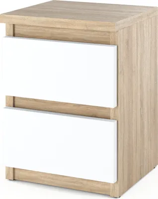 A modern nightstand with two white drawers and a wood-grain frame, shown against a white background.