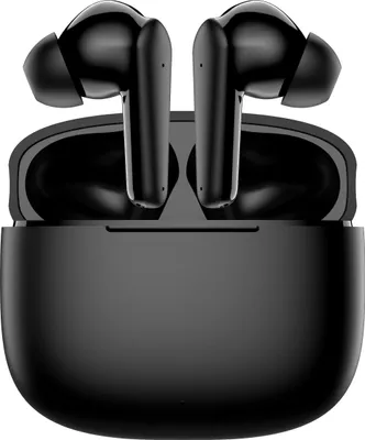 A pair of black wireless earbuds and their charging case are shown against a white background.