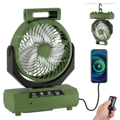 Obrázek produktu pro Jopassy Přenosný dobíjecí ventilátor - 20000mAh kempinkový ventilátor se světlem a háčkem, vhodný do stanu, do přírody - ventilátor napájený z baterie USB, vhodný na pikniky, grilování, rybaření, zelený